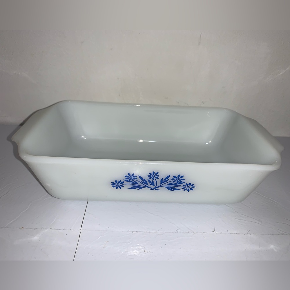 Vintage Anchor Hocking Fire King Loaf Casserole Pan Blue Flowers 1 Quart #441